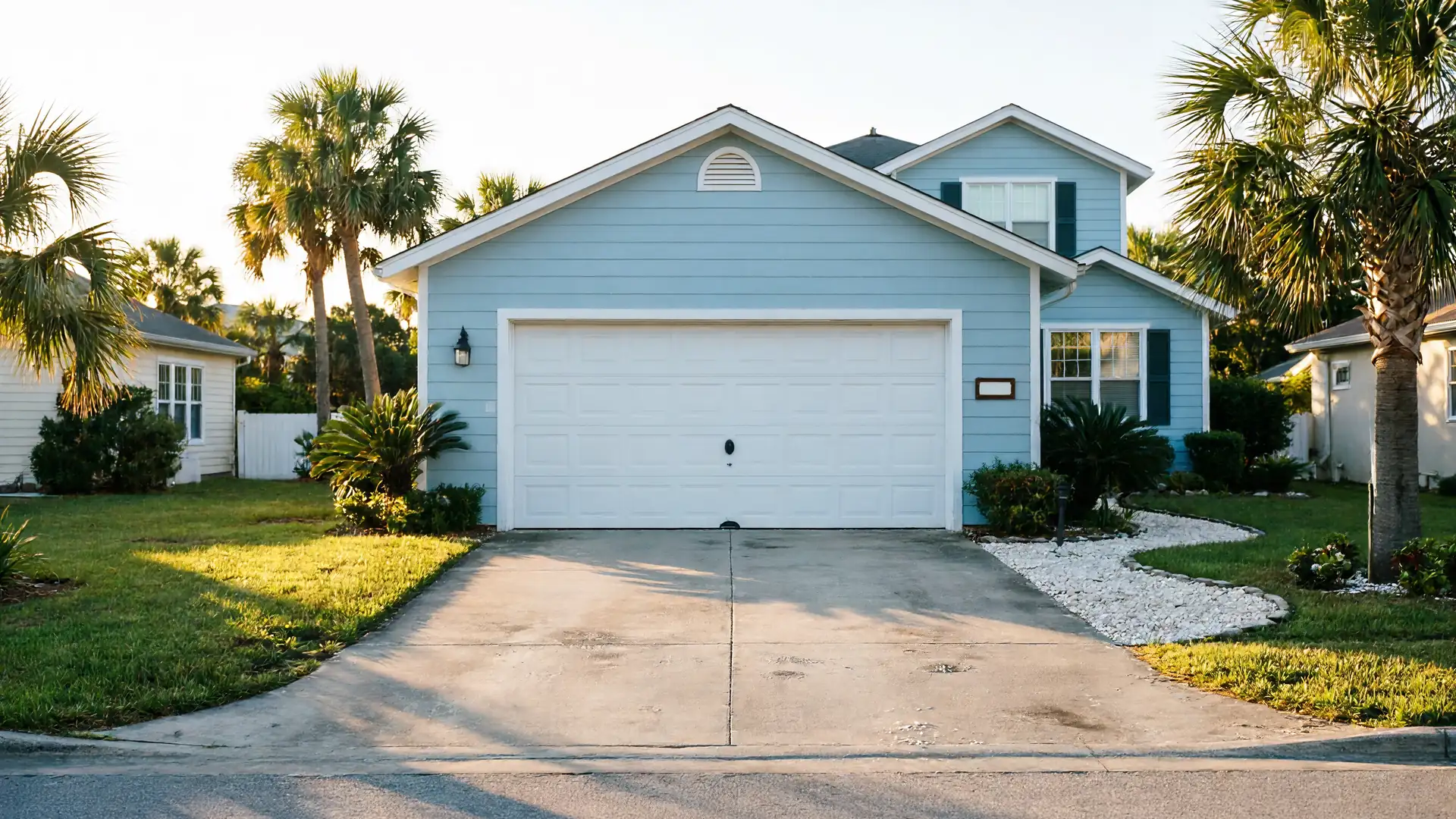 A light blue house has a white garage door and a concrete driveway.