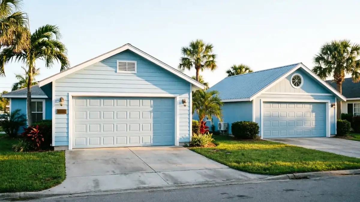 Two light blue houses with light blue garage doors stand next to each other.