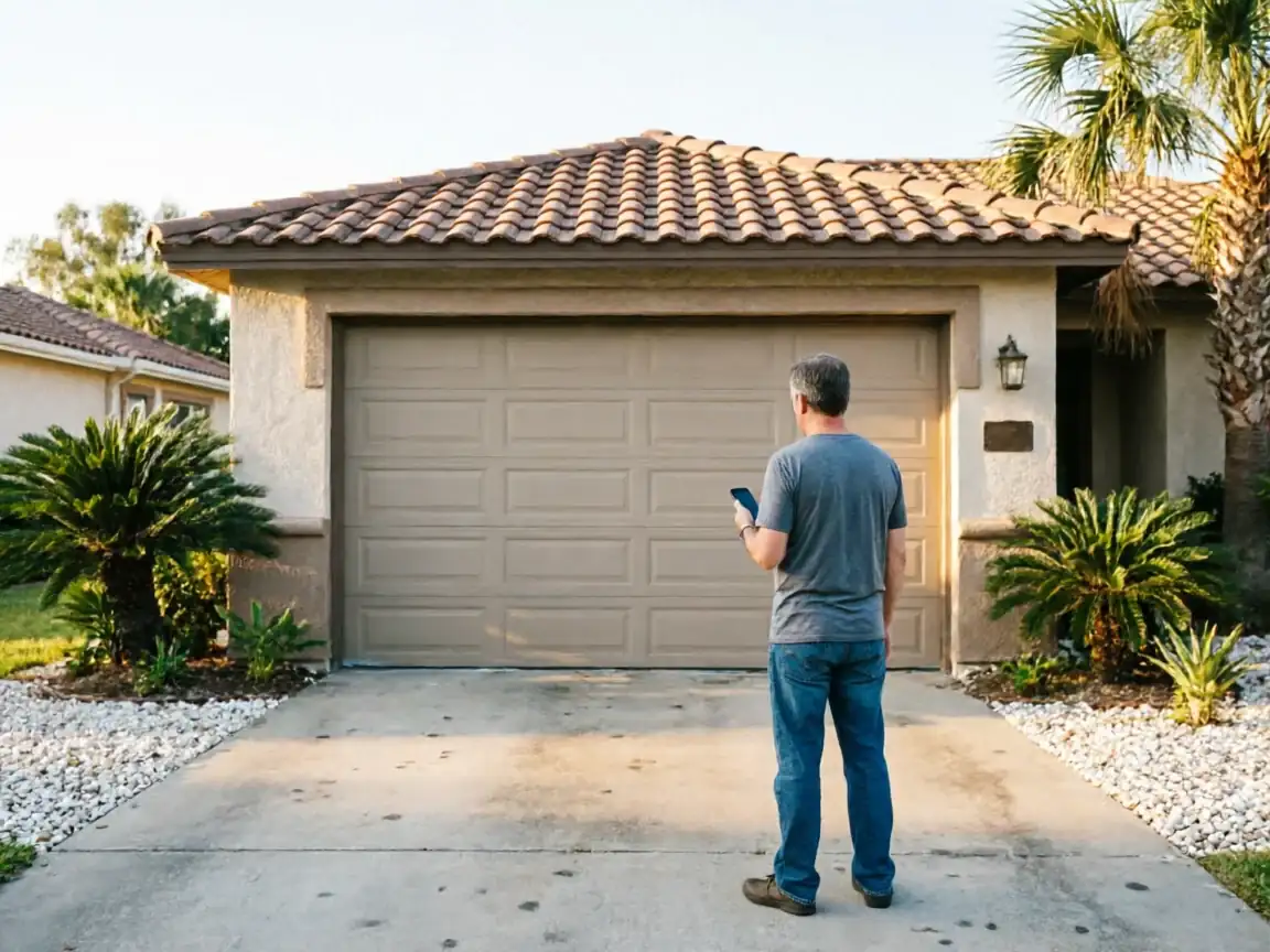 A man stands in front of a beige garage door, holding a phone.