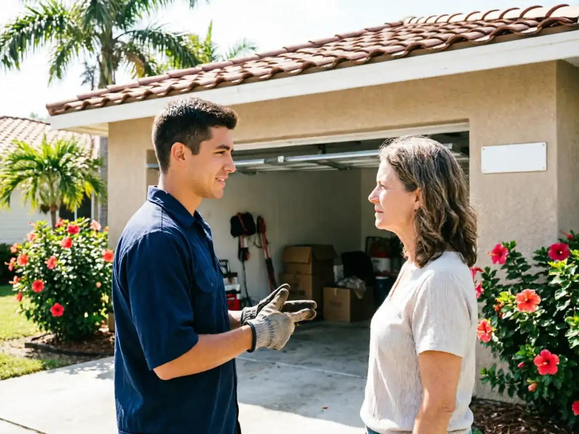 A technician in work gloves talks to a woman in front of a garage.