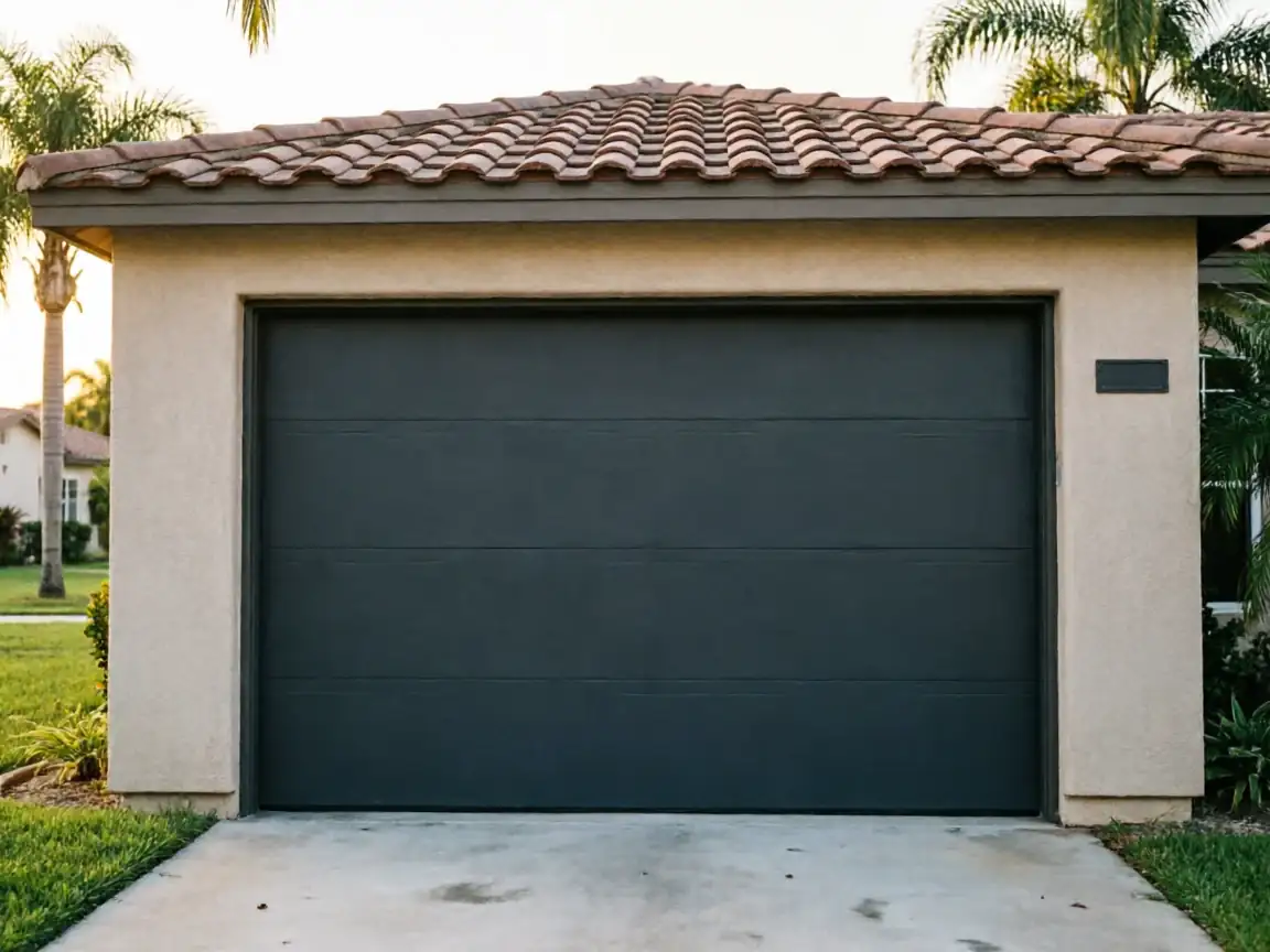 A dark gray garage door is on a tan house with a tiled roof.