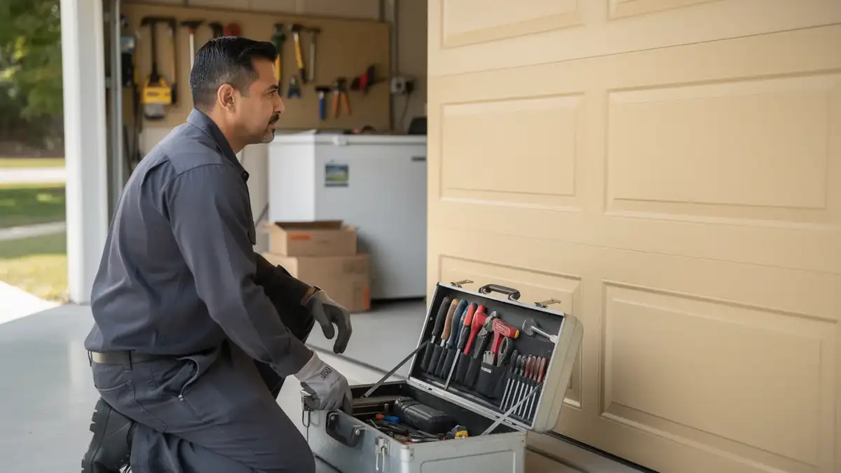 A technician kneels beside an open toolbox and a beige garage door.