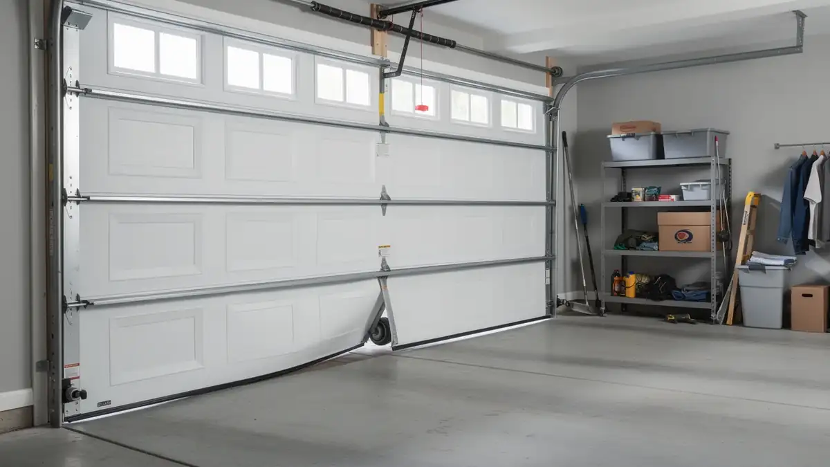 A white garage door is bent and off its track at the bottom.