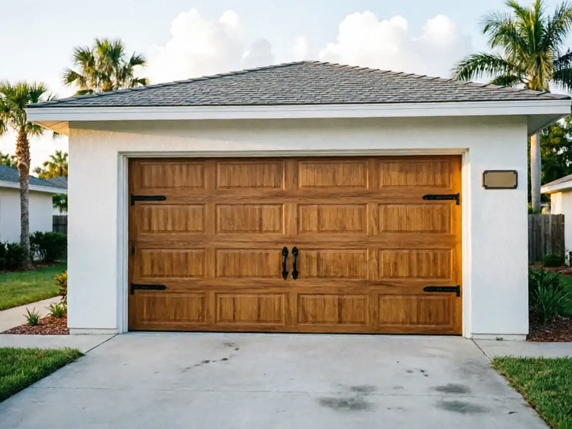 A brown wooden garage door with black decorative hardware on a white house.
